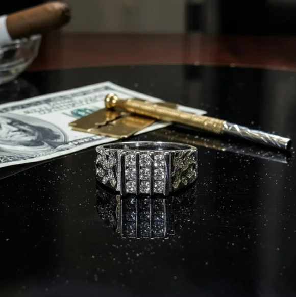 Heavy 8.7g Sterling Silver Men’s Nugget Ring • AAA Machine-Cut "Fire" CZ • NOS - Picture 5 of 7